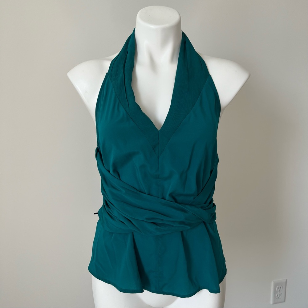 bebe NEW Ruched Waist Silk Halter Top M Teal